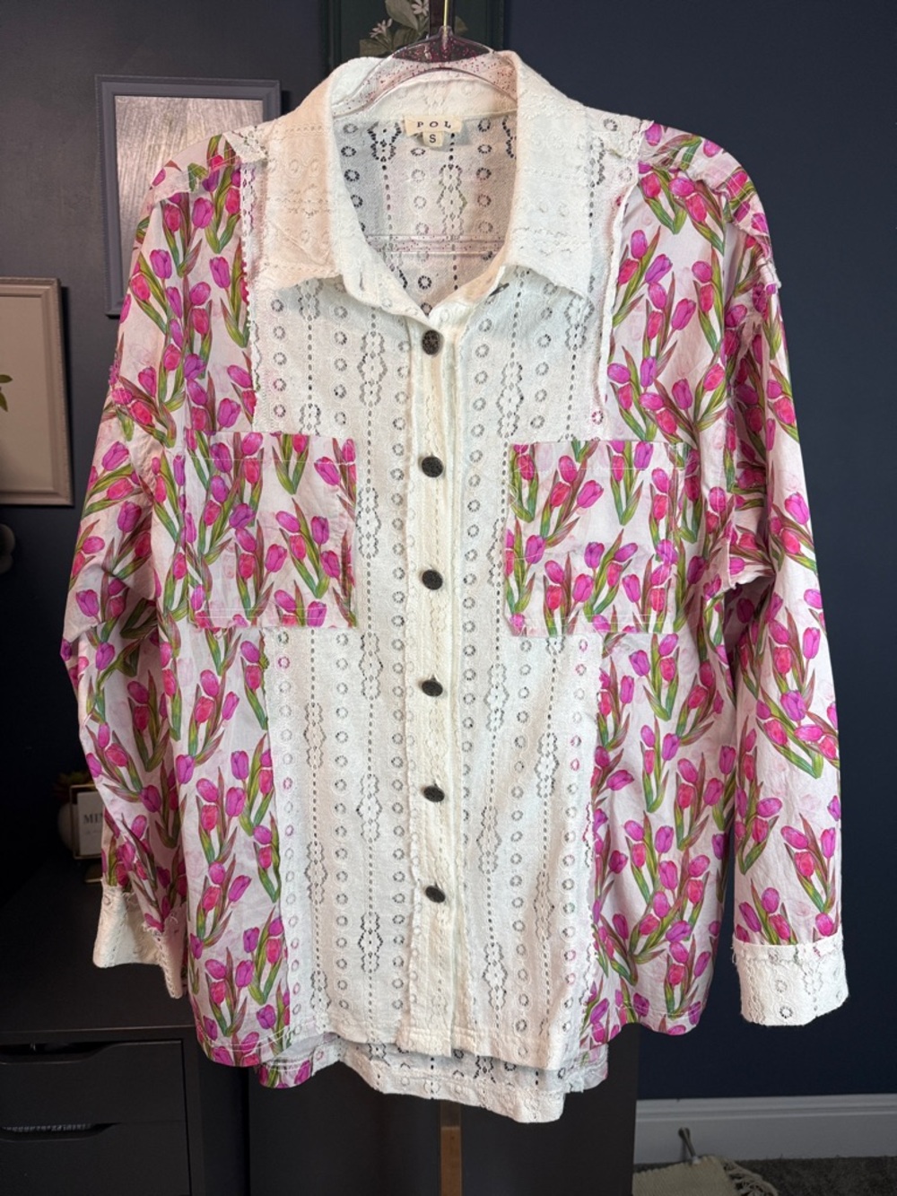 POL Garden Party Ready Button-Down Top Pink & Green Floral Tulip Print